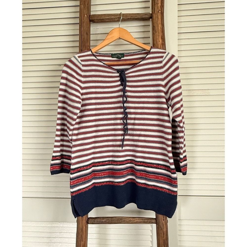 Lauren Jeans Co Ralph Lauren Striped Lace Up Sweater S Red White Blue